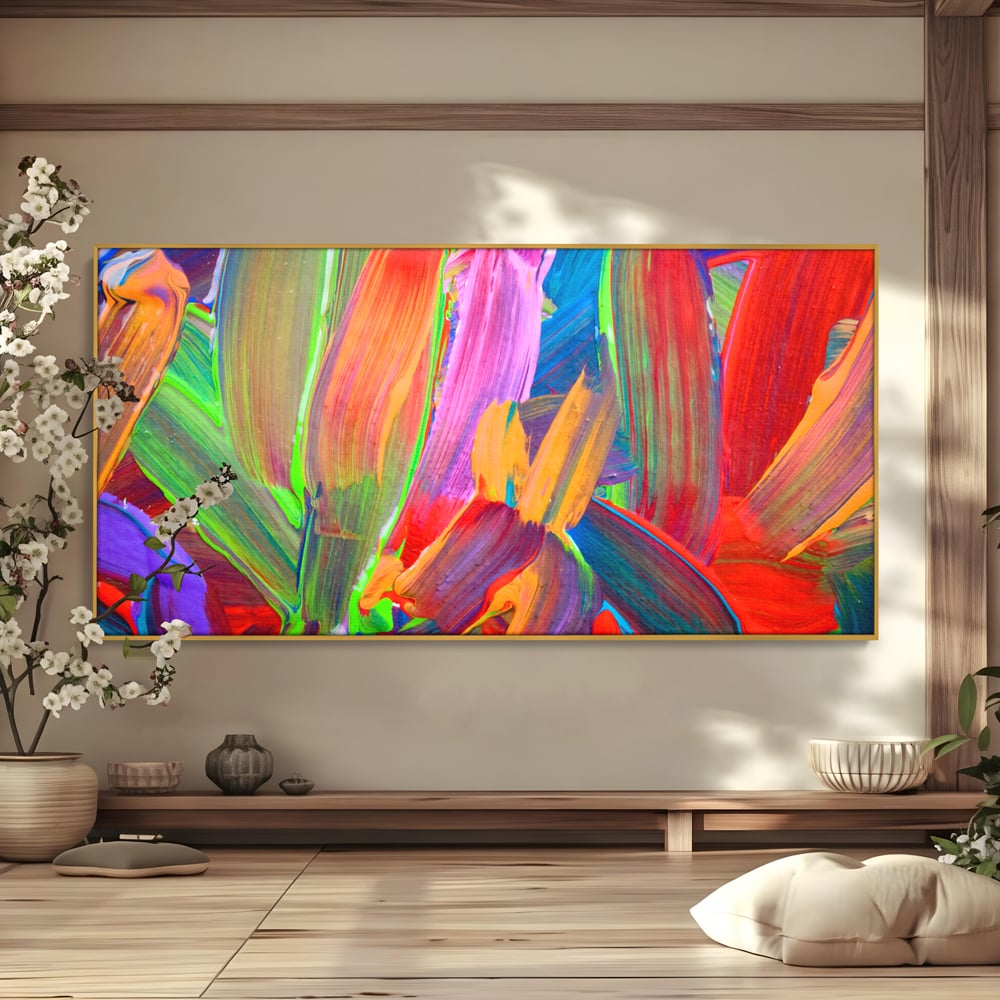 Tablou canvas cu pictura abstracta cu pensule grosiere, in rama de aluminiu auriu